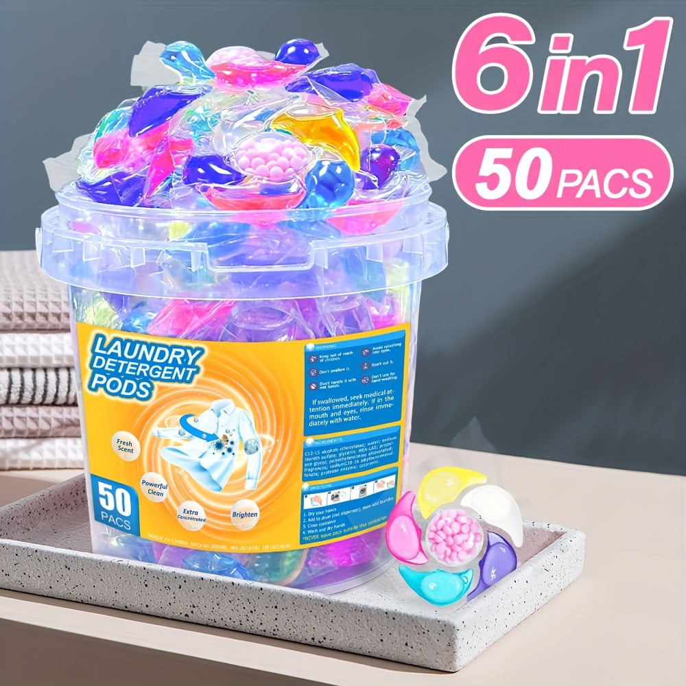 Laundry Detergent Pods 50 Count 6-in-1 Laundry Beads Stain Removal Long-Lasting Fragrance Freshening Beads Deep Clean Fabric Softening Brightening All-in-One Laundry Pods 1 Box