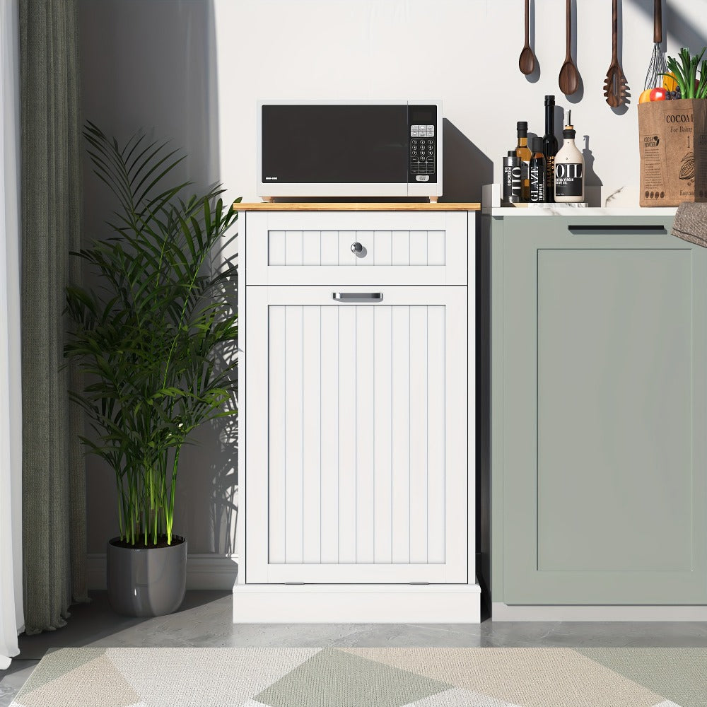 Tilt Out Trash Cabinet Freestanding Kitchen Garbage Cabinet with Cutting Board & Drawer ¨C Wood Hideaway Recycling Station, Fits 10 Gal, Black/White