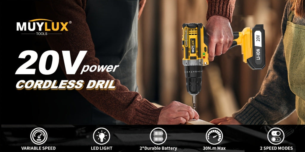 20V Cordless Drill Set Impact Power Drill 3/8 Inch Keyless Chuck 18+3 Clutch 45Nm Max Torque 2-Speed Work Light 2.0Ah Battery Fast Charger 136 148 PCS Kit