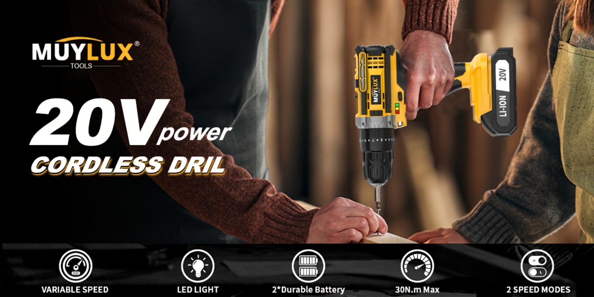 20V Cordless Drill Set Impact Power Drill 3/8 Inch Keyless Chuck 18+3 Clutch 45Nm Max Torque 2-Speed Work Light 2.0Ah Battery Fast Charger 136 148 PCS Kit