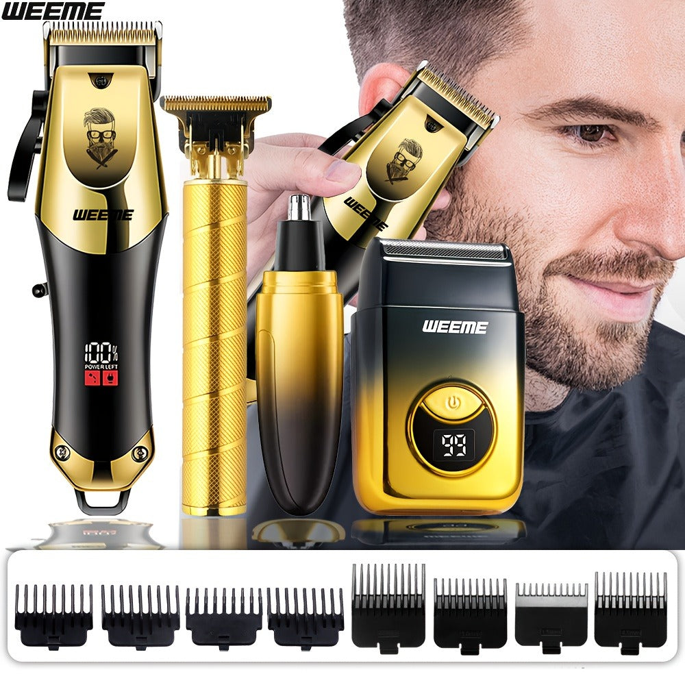 Men's Grooming Kit USB Rechargeable Hair Clipper Set with Nose Trimmer Electric Shaver Detail Trimmer 8 Limit Combs Professional Haircut Kit Father's Day Christmas Gift Gold
