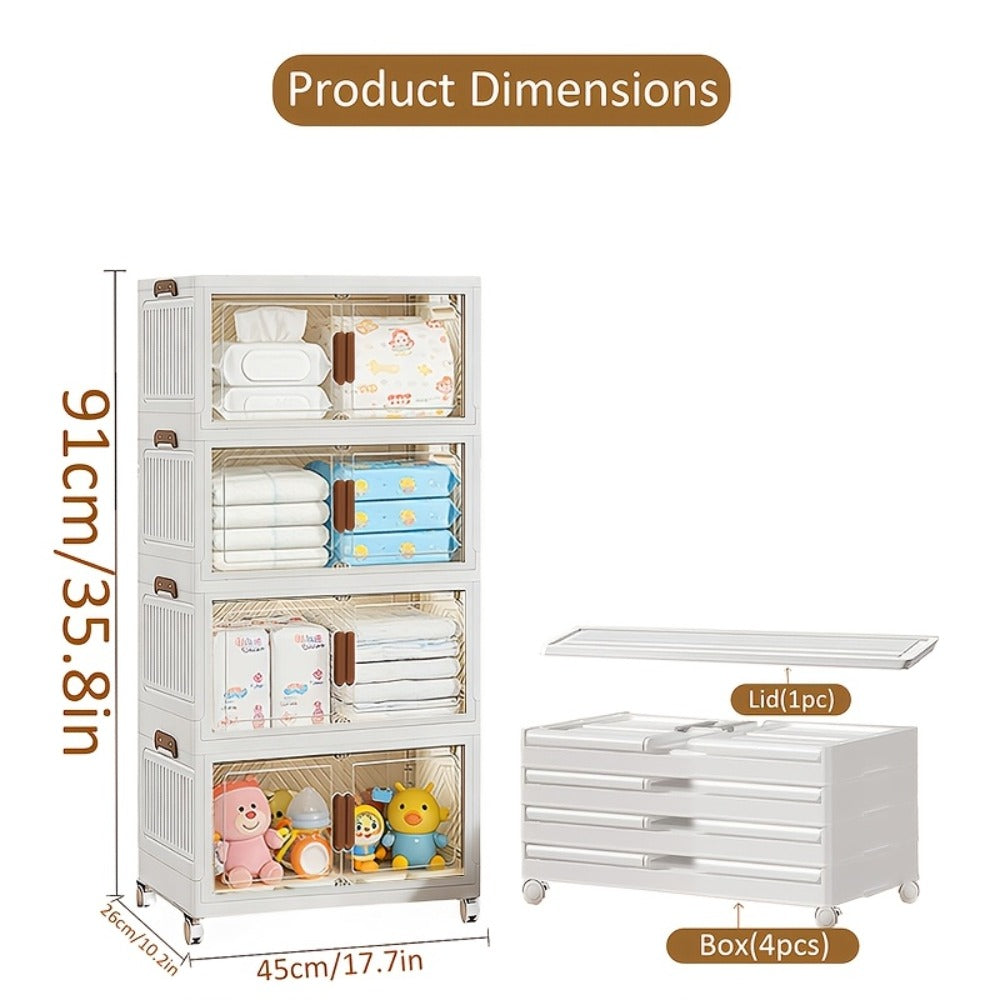 Stackable Foldable Storage Cabinet with Door ¨C PP Plastic 1/2/3/4/5 Layer Organizer Box with Wheels & Cover | Dual-Access Home Storage for Clothes, Books, Snacks & Kitchen Supplies | Office & Garage