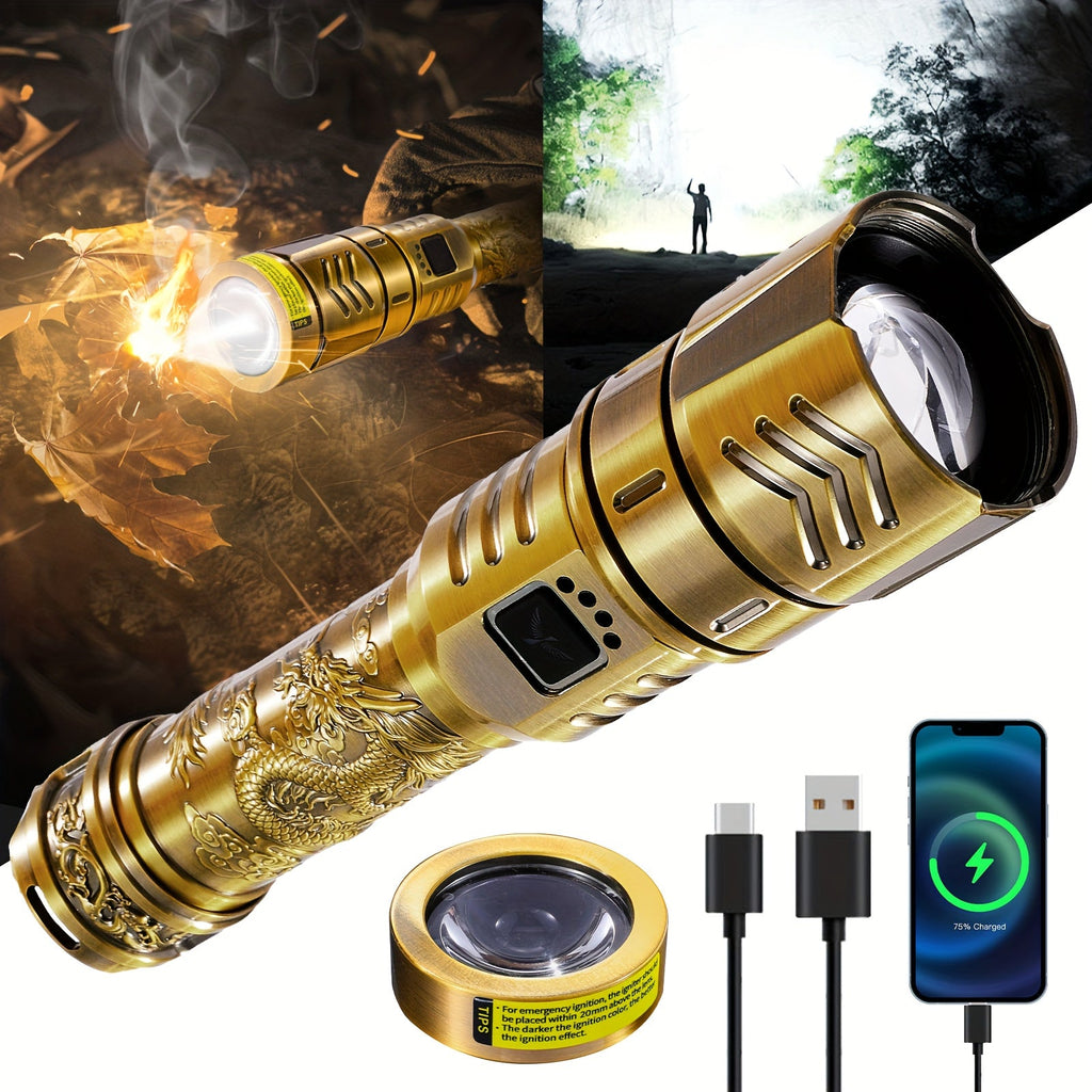 Tactical LED Flashlight 5000mAh Rechargeable Zoomable with Ignition Lens ¨C 4 Modes High Brightness Golden Dragon Pattern Spotlight for Camping Outdoor Hiking Emergency Household Use