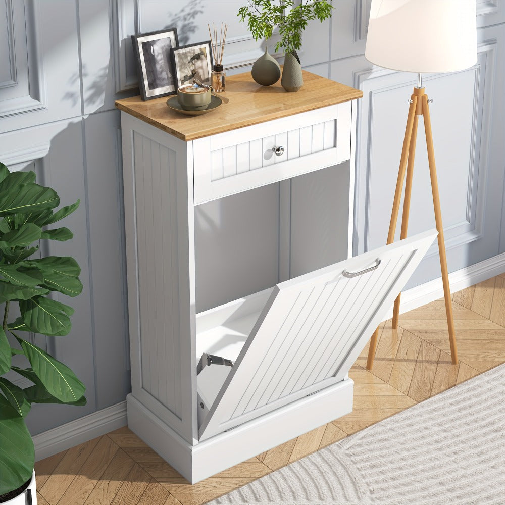 Tilt Out Trash Cabinet Freestanding Kitchen Garbage Cabinet with Cutting Board & Drawer ¨C Wood Hideaway Recycling Station, Fits 10 Gal, Black/White