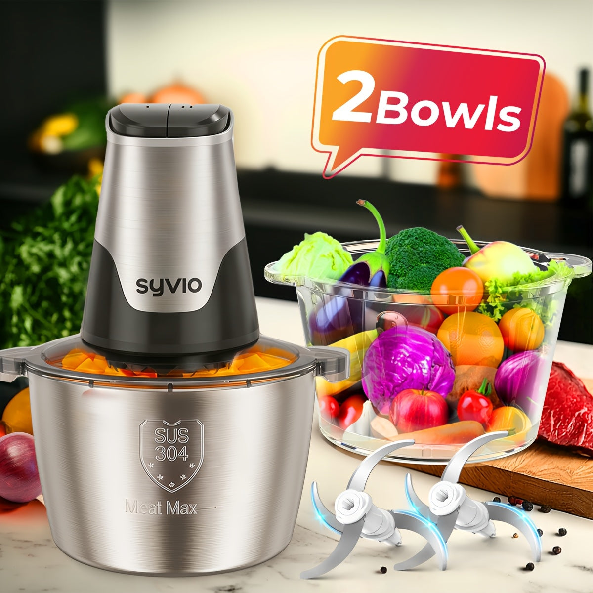 Mini Food Processor 450W with 2 Bowls ¨C Electric Food Chopper, 4 Bi-Level Blades, Meat Grinder for Baby Food, Meat, Onion & Vegetables, 2 Speed