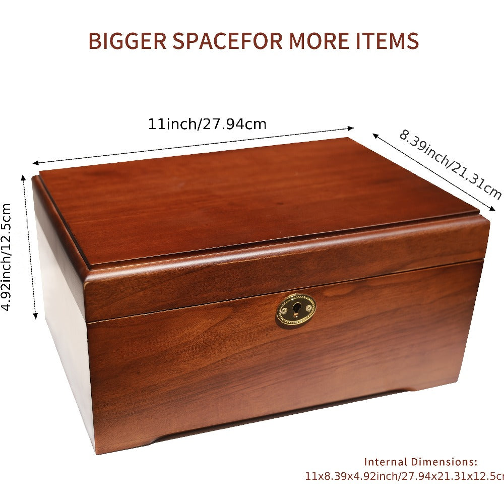 Wooden Jewelry Box with Lock Handcrafted Vintage Wood Storage Chest Hinged Lid Key Lock Multipurpose Organizer Keepsakes Home Office Decor 11x8.5x5.25 Inch