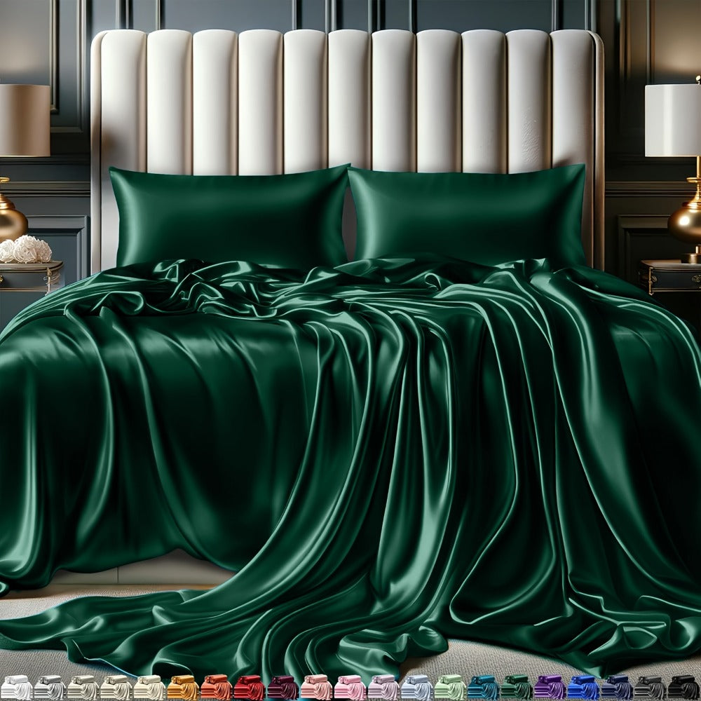 Satin Sheet Set 4 Piece Luxury Silky Smooth Soft Microfiber 15 Inch Deep Pocket Good for Hair Skin Double Stitching Wrinkle Free Twin Full Queen King