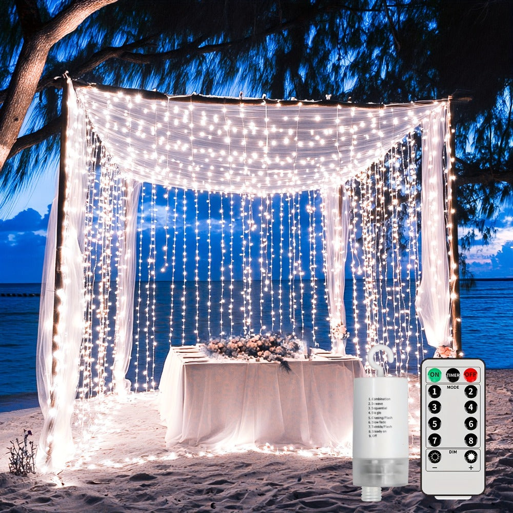 Curtain Lights for Gazebo Outdoor, 330 LED 10ft x 10ft Waterfall Fairy Lights Battery Operated with Remote, IP65 Waterproof Hanging String Lights with 8 Modes for Bedroom Porch Patio Wedding Decoration