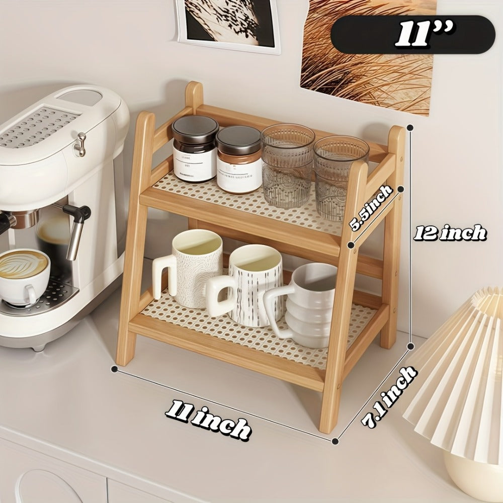 Bamboo Countertop Shelf Organizer 2-Tier - Trapezoidal Wooden Storage Rack for Kitchen Office Bedroom and Desk, Space Saving Riser Shelf for Coffee Cups Books Plants and Everyday Items, Available in Medium, Large or 2 Piece Set