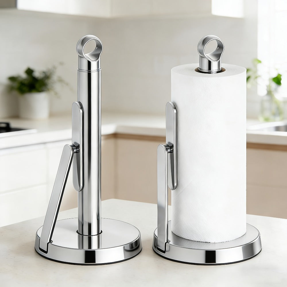 Paper Towel Holder Countertop - Stainless Steel Standing Dispenser with Tension Arm for One-Handed Tear, Modern Kitchen Roll Holder in Silver White Gold Black
