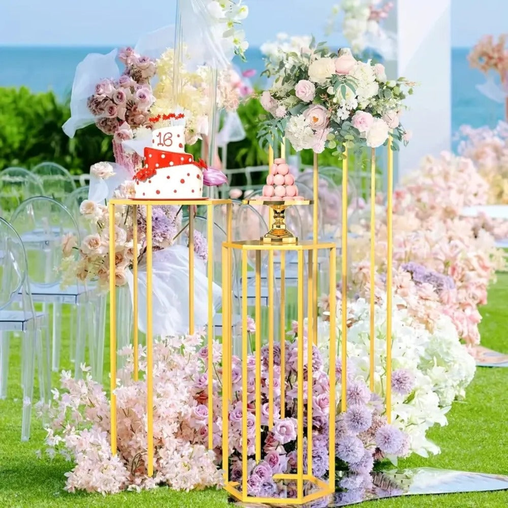 Golden Cake Stand & Pedestal Stand Set - Metal Cylinder Hexagon Display Stand for Wedding, Party & Home Decor