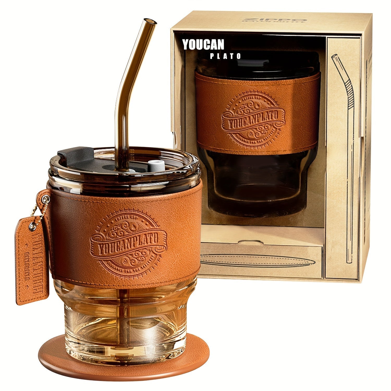 Glass Coffee Cup with Straw 14 Oz ¨C BPA-Free Glass Travel Mug & Water Bottle for Men & Women ¨C Tumbler for Coffee, Juice & Office Use ¨C Easy to Clean ¨C Brown & Dark Green