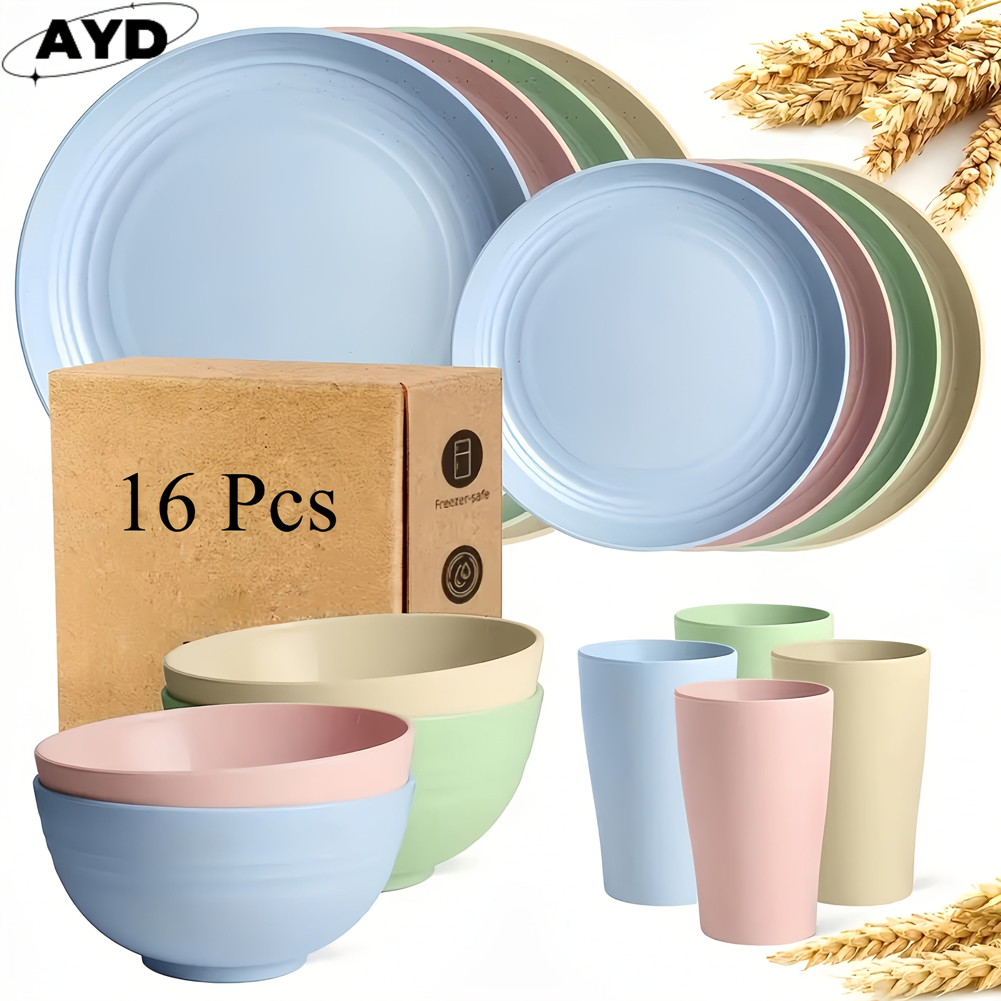 Wheat Straw Dinnerware Set Unbreakable 16 or 32-Piece Service for 4 or 8, Lightweight Dishwasher Microwave Safe Dish Set with Plates Bowls Cups, Modern Kitchen Tableware for Everyday Camping Outdoor Use