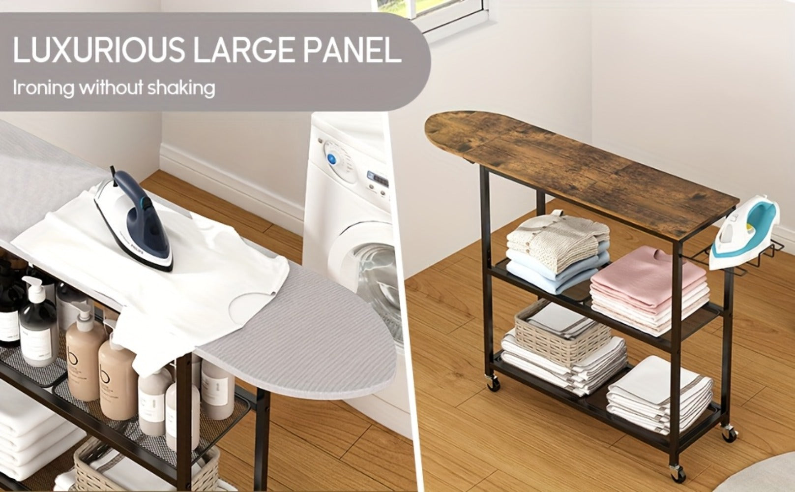 3-Tier Ironing Board Cart with Wheels ¨C Rolling Laundry Station with Multi-Layer Storage Shelves for Living Room, Bedroom & Outdoor Use