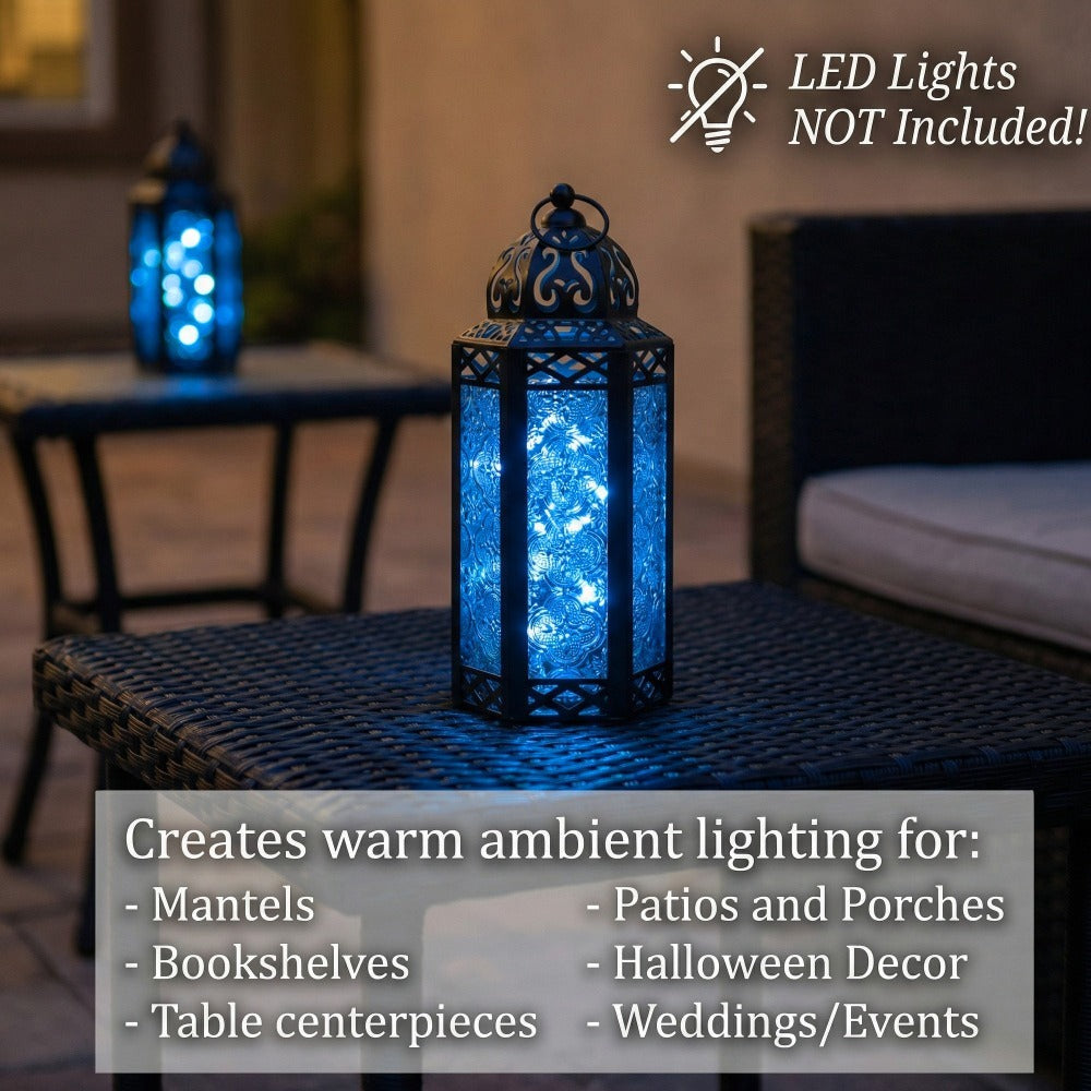 Moroccan Candle Lantern Holder - Decorative Metal & Glass Lantern with Embossed Floral Design for Indoor Home Decor, Garden, Patio, Weddings, Ramadan, Halloween & Holiday Celebrations - 10.5¡± Tall Medium Size
