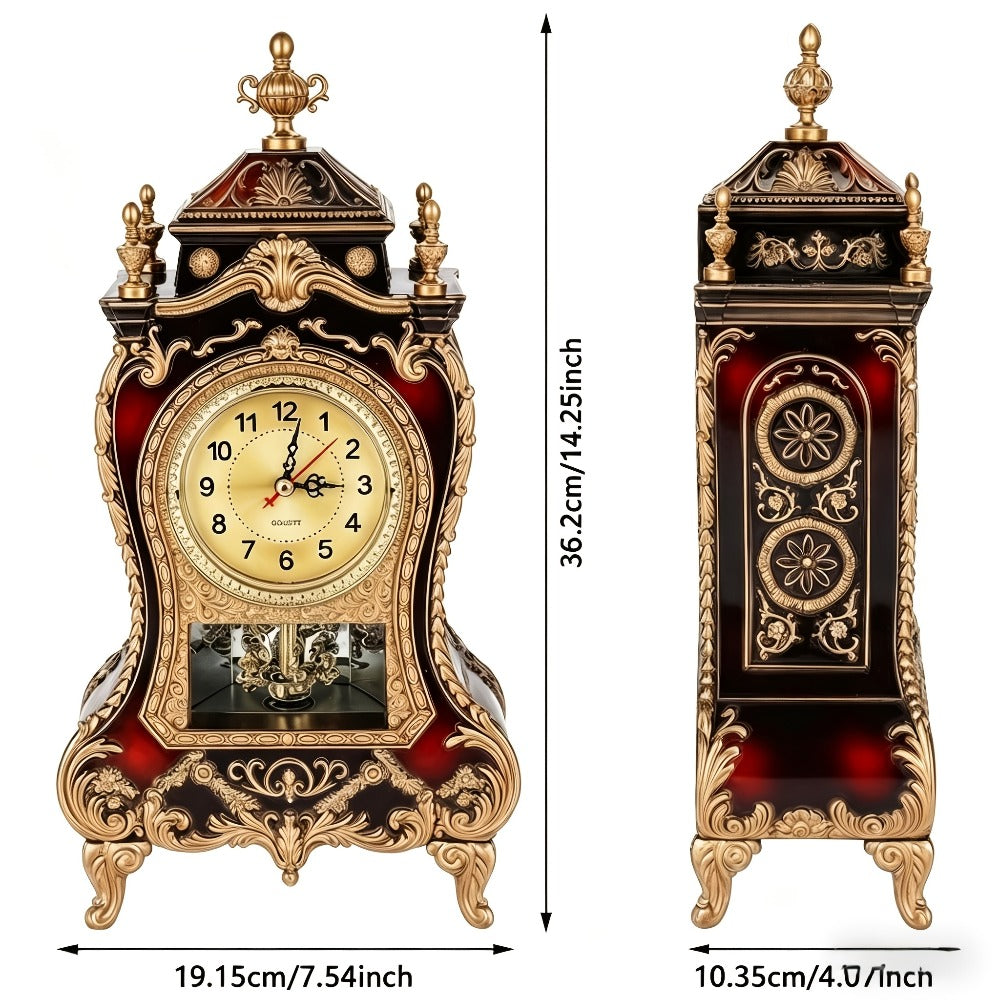 Vintage Desktop Alarm Clock with 12 Melodies European Style Decorative Table Clock for Living Room Bedroom Study Office Retro Burgundy Tabletop Clock 14 Inch