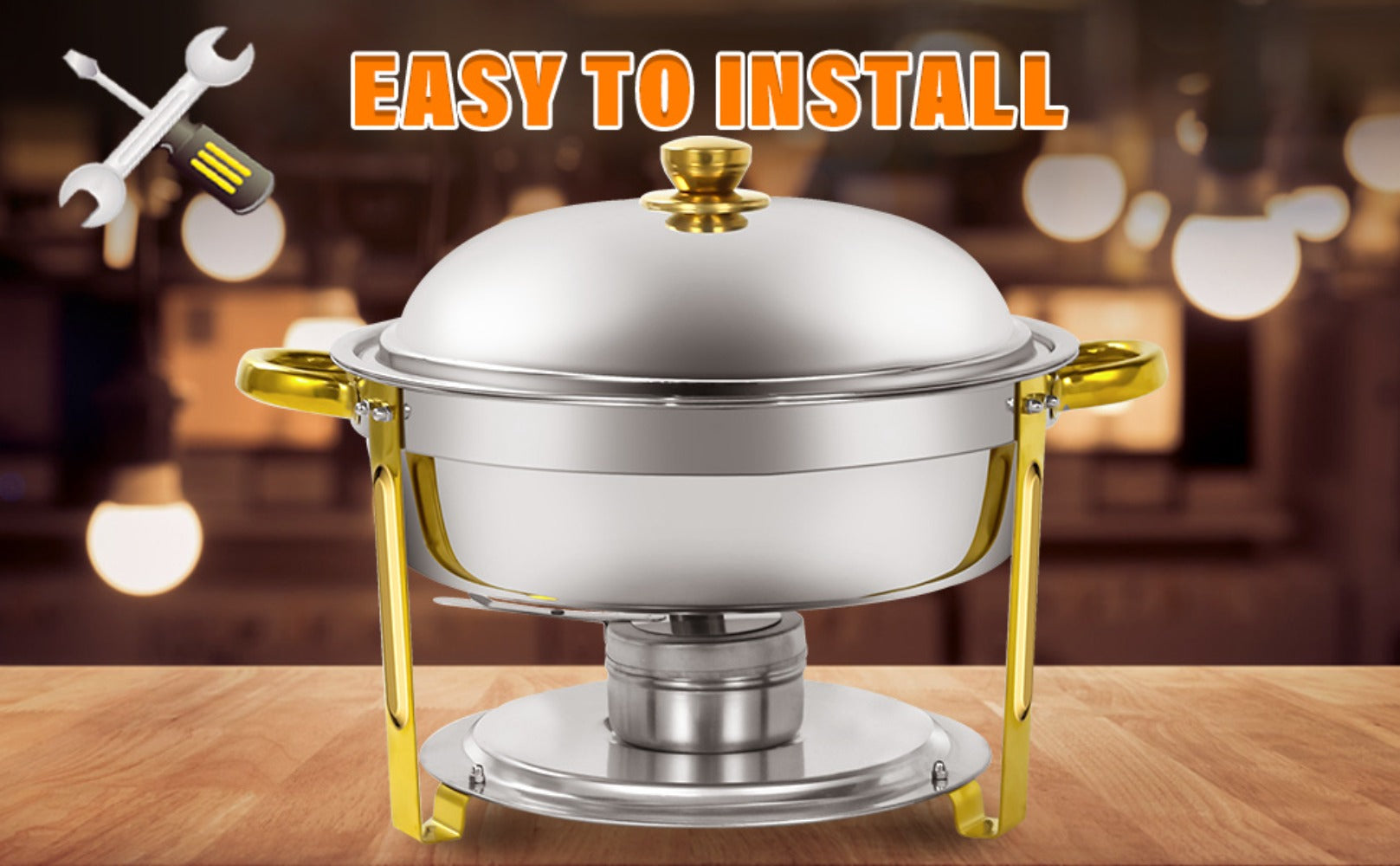 Golden Chafing Dish Buffet Set with Glass Lid 6QT Round Stainless Steel Food Warmer Chafer for Catering Party Dinners Weddings, Titanium Gold Finish, 2 & 4 Pack