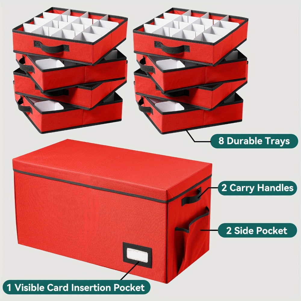 Christmas Ornament Storage Box 128 Slots 8 Trays Stackable Large Capacity Holiday Organizer with Lid Side Open Adjustable Dividers Removable Trays Red Green