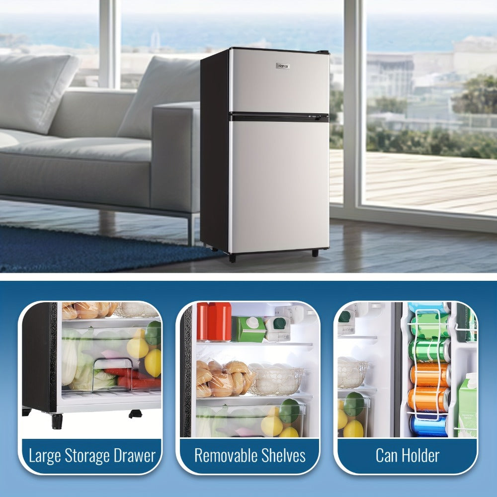 Small Fridge with Freezer, 2-Door Compact Refrigerator with 7-Level Adjustable Thermostat, Removable Shelves & Basket ¨C 2.5 or 3.5 Cu Ft Silver Mini Fridge for Dorm, Office, RV and Bedroom