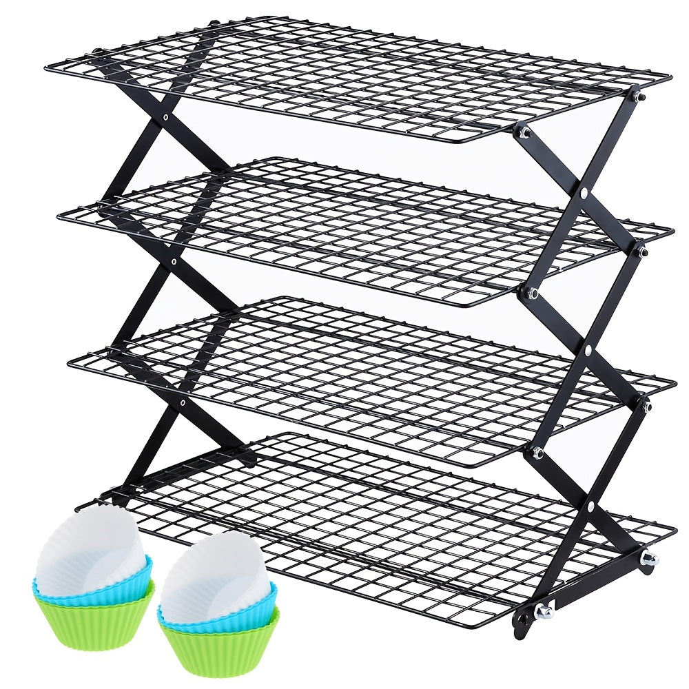 4-Tier Collapsible Cooling Rack Set with Muffin Cups - Metal Wire Baking Rack for Cookies Cakes Bread Roasting BBQ Countertop Kitchen Drying Rack