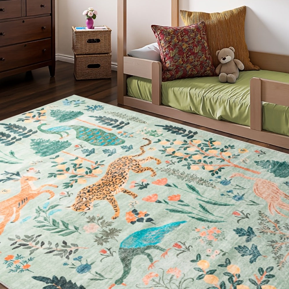 Area Rug 8x10 Ft Soft Non-Slip Machine Washable Large Floor Rug with Floral Forest Animal Patterns for Living Room Bedroom Home Decor ¨C Durable Easy Clean Indoor Carpet