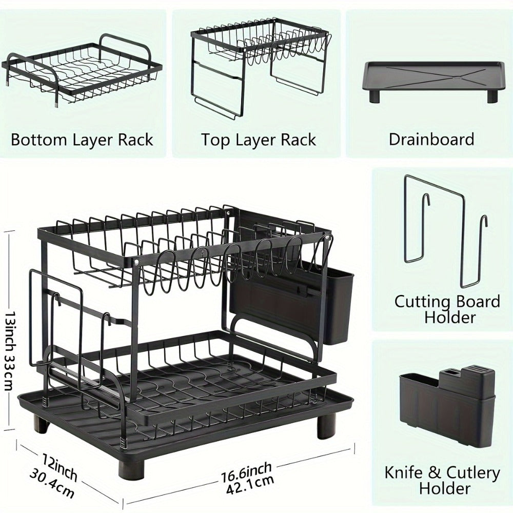 2-Tier Metal Dish Drying Rack with Drainboard ¨C Kitchen Counter Dish Drainer Compact Countertop Drying Rack Black White Gray