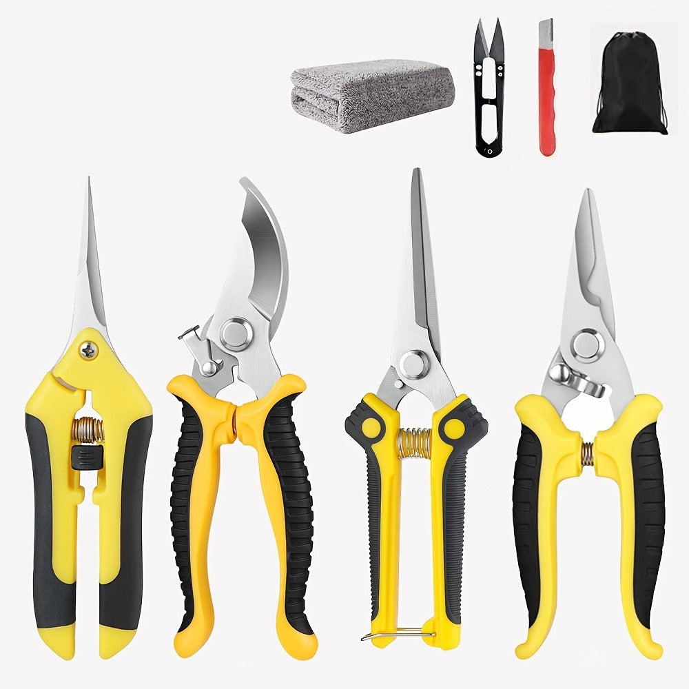 Gardening Pruning Tool Set 8 Piece Stainless Steel | Pruning Shears Scissors Pliers Ergonomic Handle with Wiping Cloth | Lawn Tree Garden Care Kit Orange Yellow Green