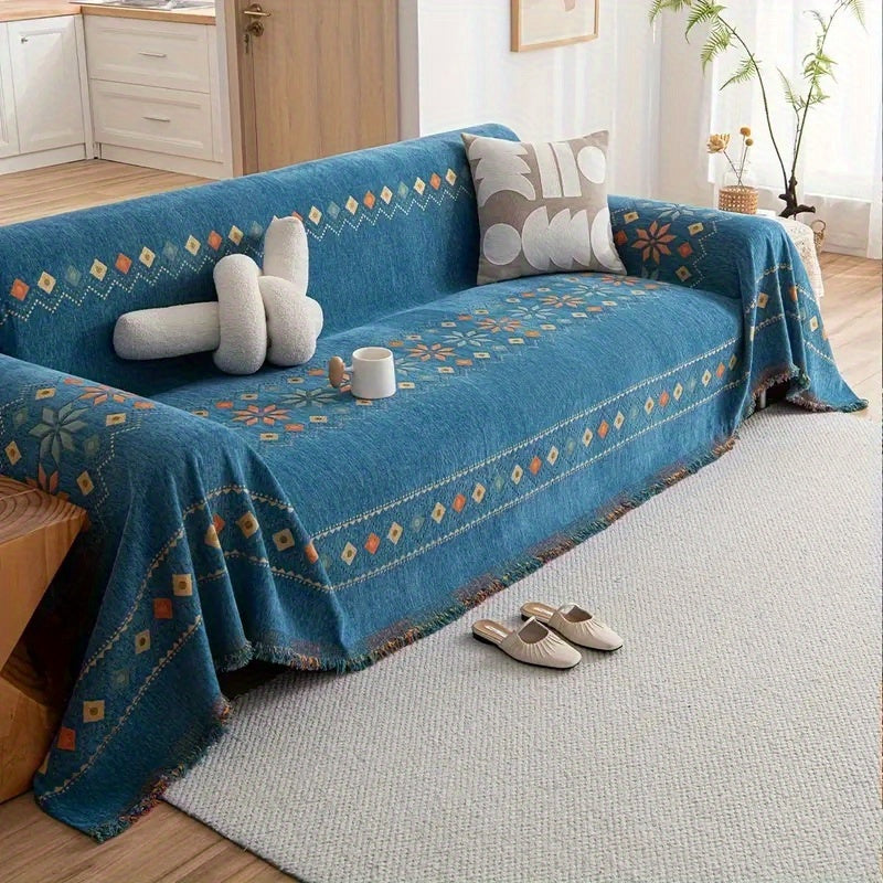Bohemian Embroidery Chenille Sofa Cover 300GSM - Machine Washable Knit Weave Slipcover for 2 3 4 Seater Sectional Sofa No Padding, 5 Colors