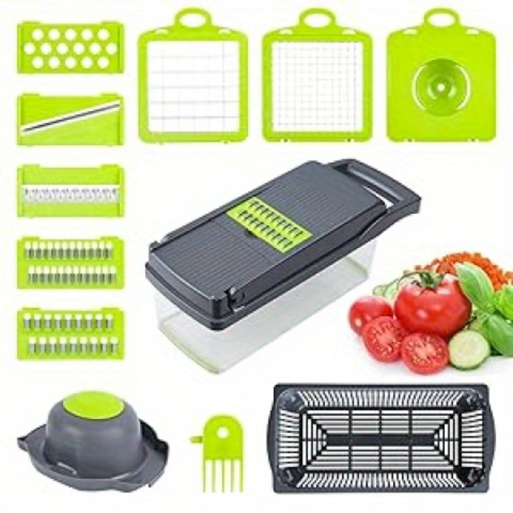 Vegetable Chopper 16-in-1 Manual Food Chopper Set ¨C 8 Interchangeable Blades with Container, Grater & Strainer ¨C Professional Onion Slicer & Dicer for Carrots, Garlic & Salad Kitchen Prep