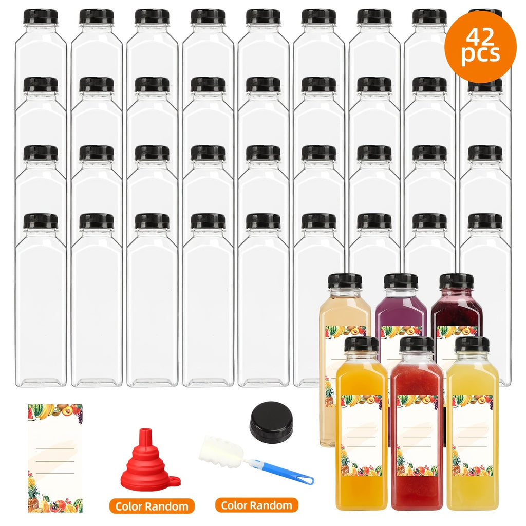 16oz Plastic Juice Bottles with Caps Reusable Clear Beverage Containers Bulk Set with Lids Funnel & Brush for Juice Smoothies Milk