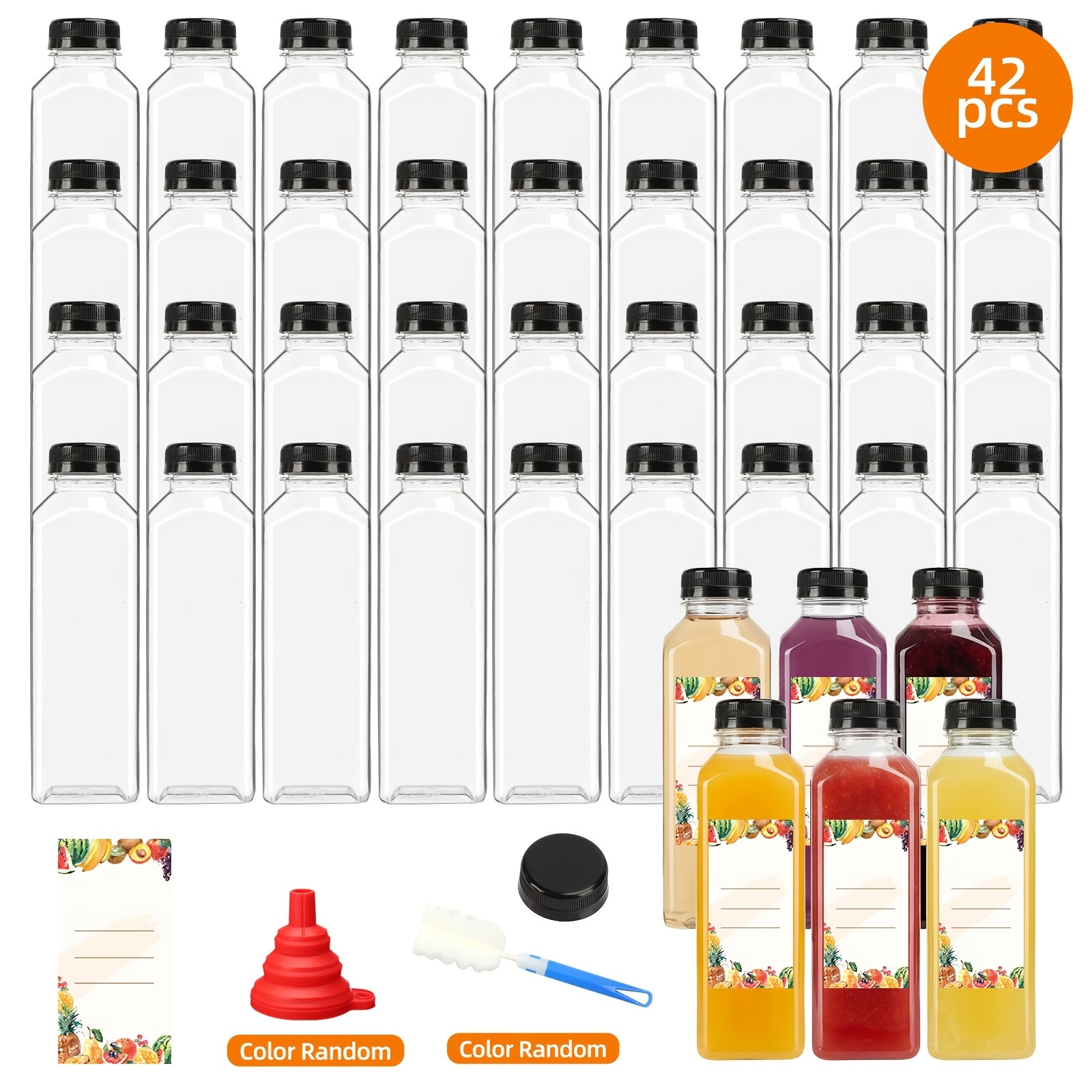 16oz Plastic Juice Bottles with Caps Reusable Clear Beverage Containers Bulk Set with Lids Funnel & Brush for Juice Smoothies Milk