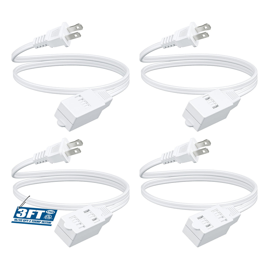 Extension Cord 4 Pack 3FT 3-in-1 Outlet 2 Prong Plugs 16AWG SPT-2 Cable Twist-Lock Safety Cover 13A 125V for Home Office Workshop Indoor Use White