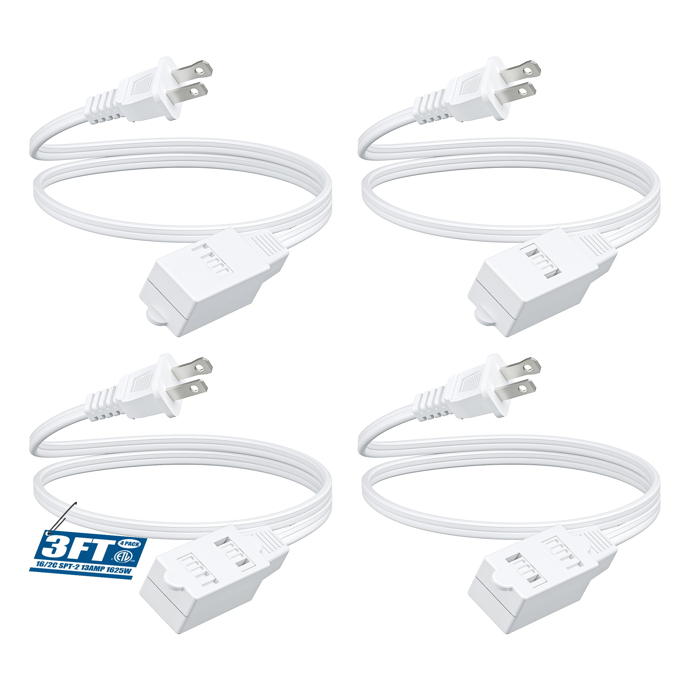 Extension Cord 4 Pack 3FT 3-in-1 Outlet 2 Prong Plugs 16AWG SPT-2 Cable Twist-Lock Safety Cover 13A 125V for Home Office Workshop Indoor Use White