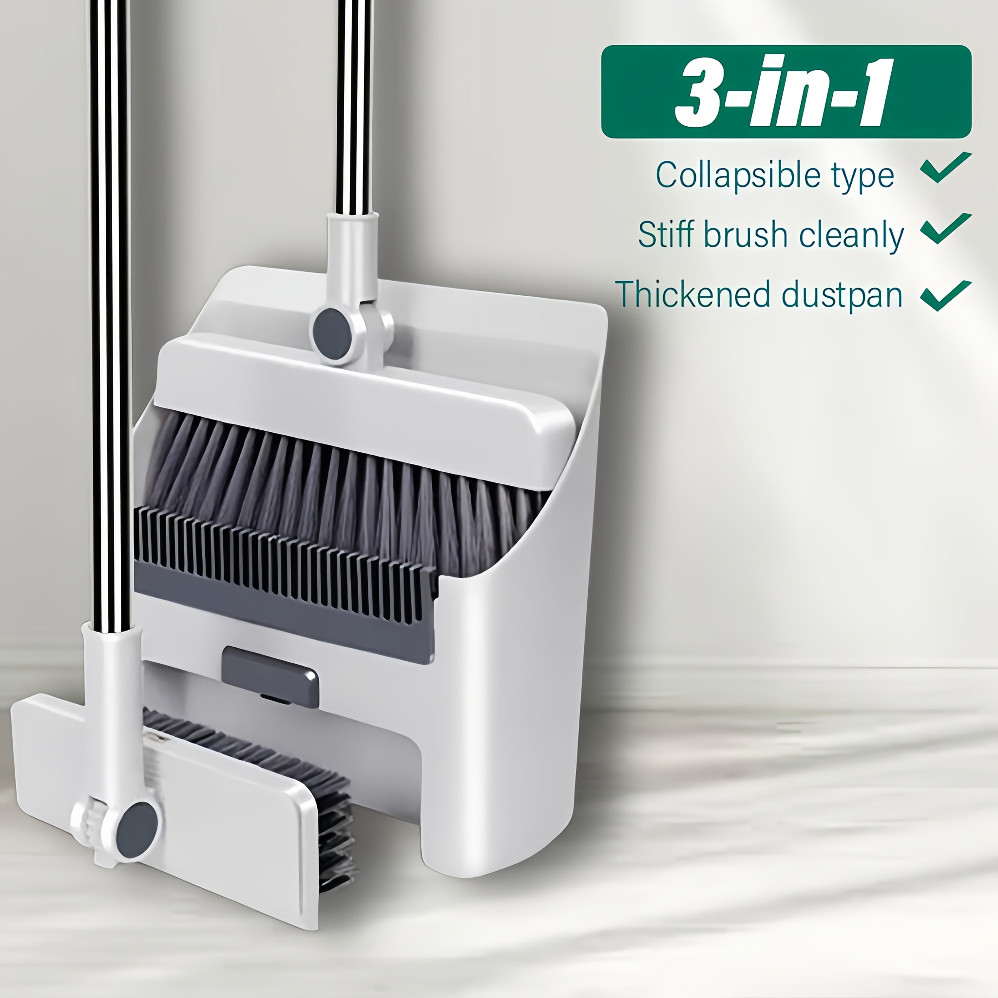 Foldable Broom and Dustpan Set with Long Handle 2-in-1 3-in-1 4-in-1 Floor Brush Combo for Home Office Dorm Room Indoor Outdoor Cleaning