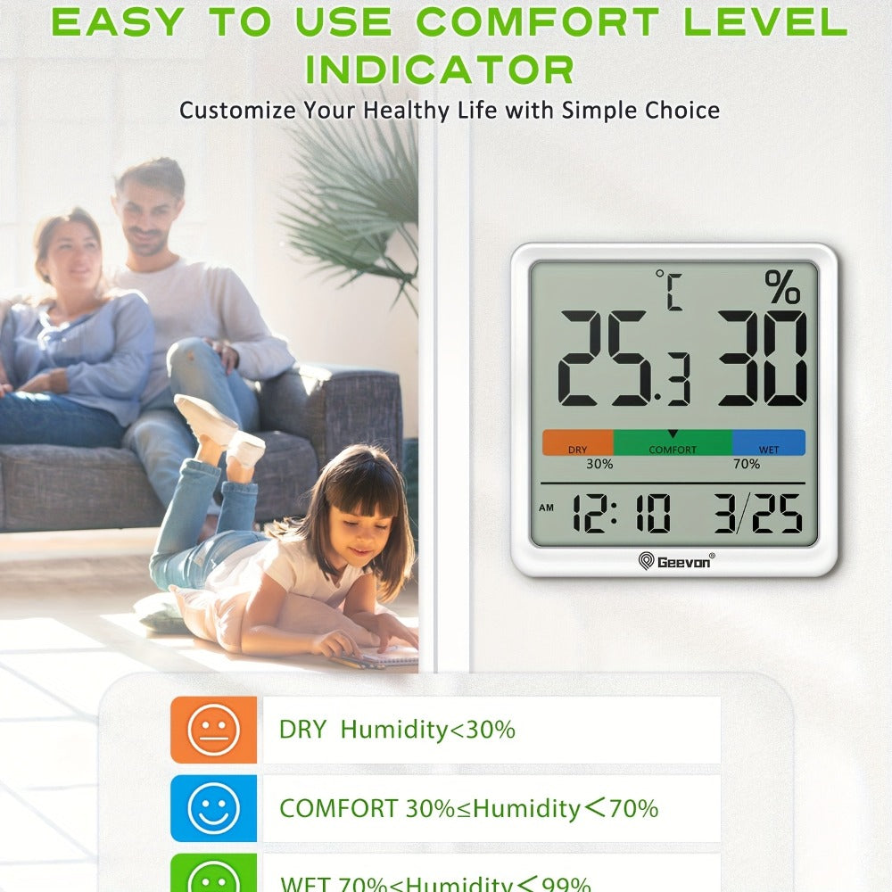 Indoor Thermometer Hygrometer Digital | Accurate Temperature Humidity Monitor with Clock & Calendar | Desktop Room Humidity Gauge for Home Office Bedroom Baby Room
