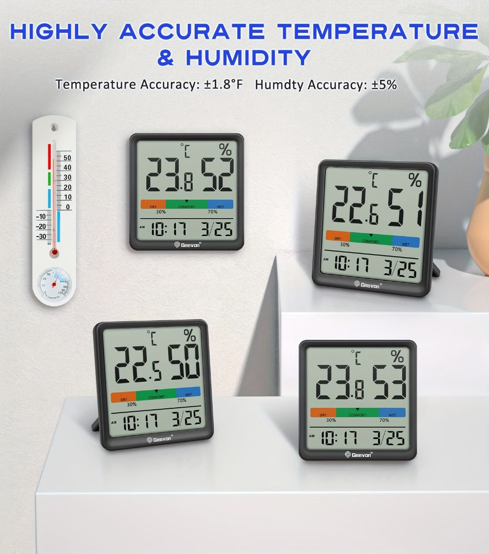 Indoor Thermometer Hygrometer Digital | Accurate Temperature Humidity Monitor with Clock & Calendar | Desktop Room Humidity Gauge for Home Office Bedroom Baby Room