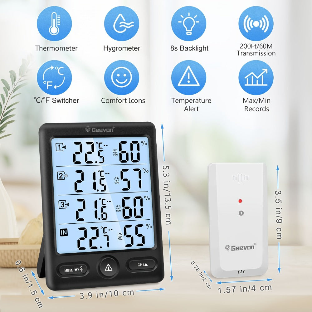 Indoor Outdoor Thermometer Wireless with 3 Remote Sensors - Digital Hygrometer Temperature Humidity Monitor, 200FT Range, Large Display, Backlight, Low Battery Alarm, High Accuracy, Black or White