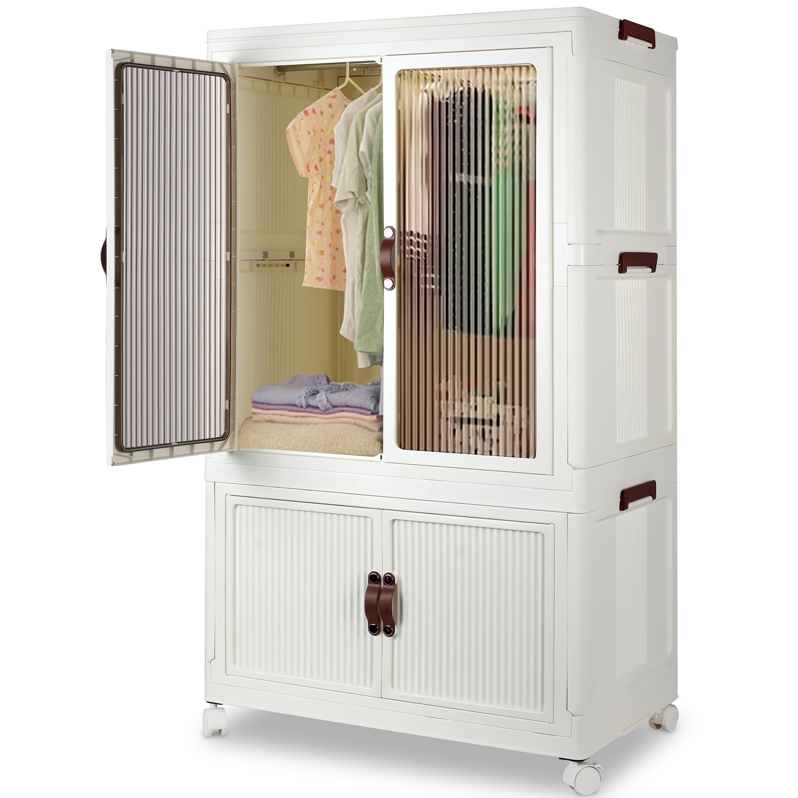 Portable Closet Wardrobe with Wheels & Hanging Rod ¨C Foldable Clothes Cabinet with Doors, 10 Hangers, Stackable Storage Bins, 70 GAL Collapsible Plastic Wardrobe Organizer