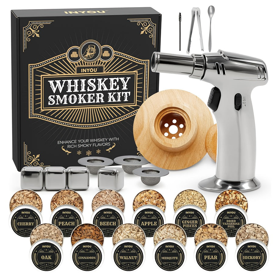 Whiskey Smoker Kit with Torch 26pcs - 12 Wood Chip Flavors, 3 Filters, Cocktail & Old Fashioned Smoker Kit - Bourbon Whiskey Gifts for Men, Dad, Husband, Birthday Gift Set (No Butane)