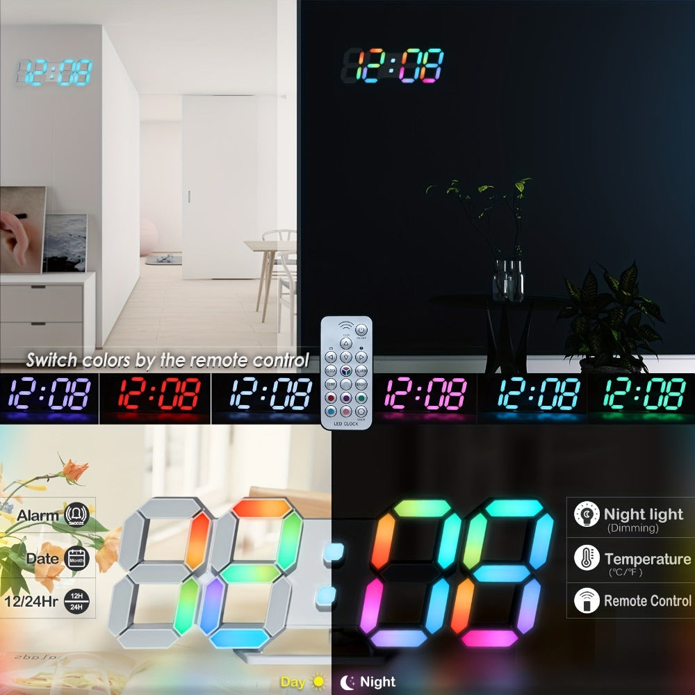 Digital Wall Clock RGB Neon LED 9.7¡± Large Display ¨C Aesthetic Alarm Clock with Remote Control, Adjustable Brightness, Date & Temperature Display for Bedroom, Living Room, Office & Gym