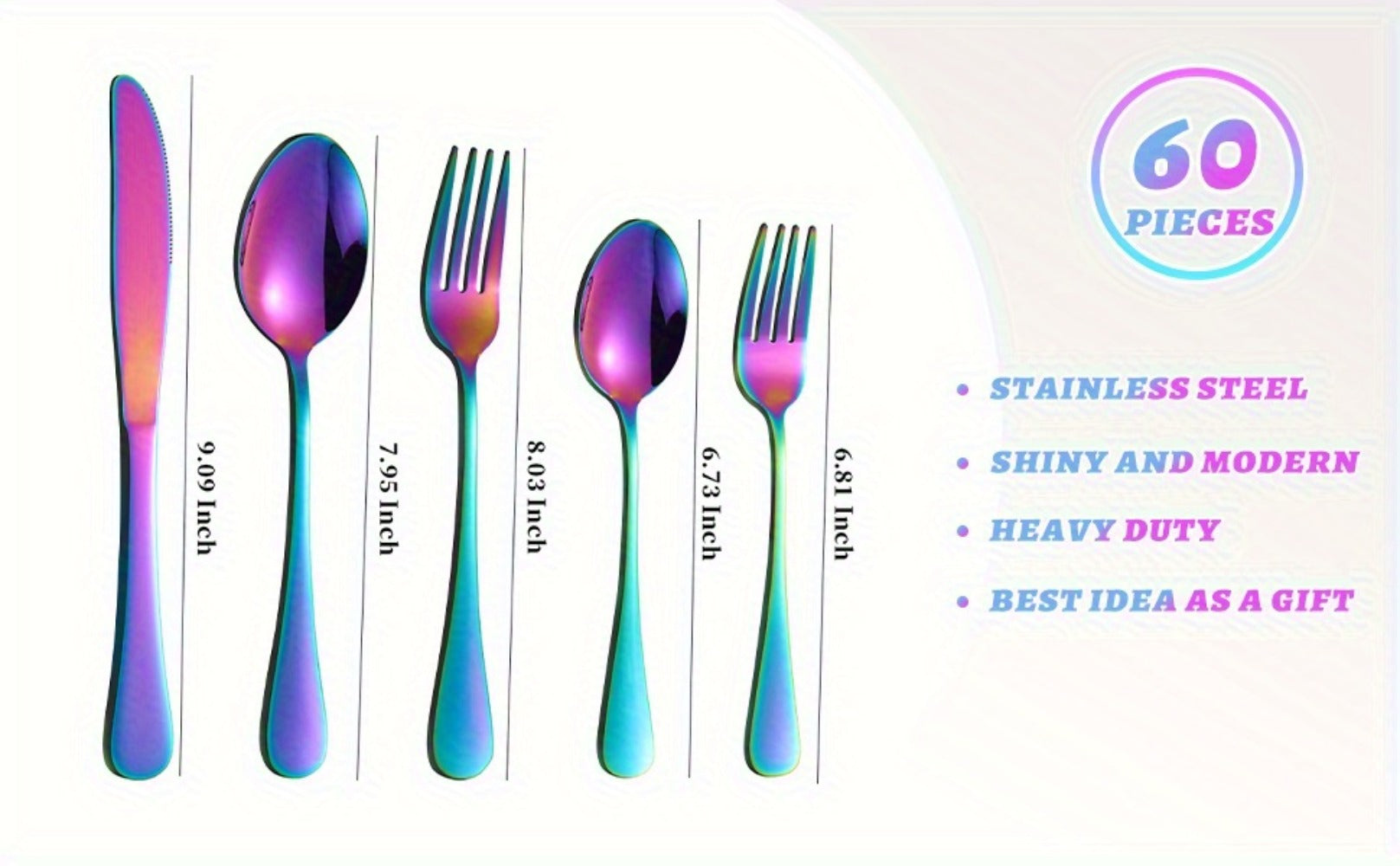 Flatware Set for 12, 60-Piece 304 Stainless Steel Cutlery Set with Mirror Polish & Titanium Plated Finish ¡ª Dishwasher Safe Silverware with Knife, Fork & Spoon | Silver, Gold & Rainbow