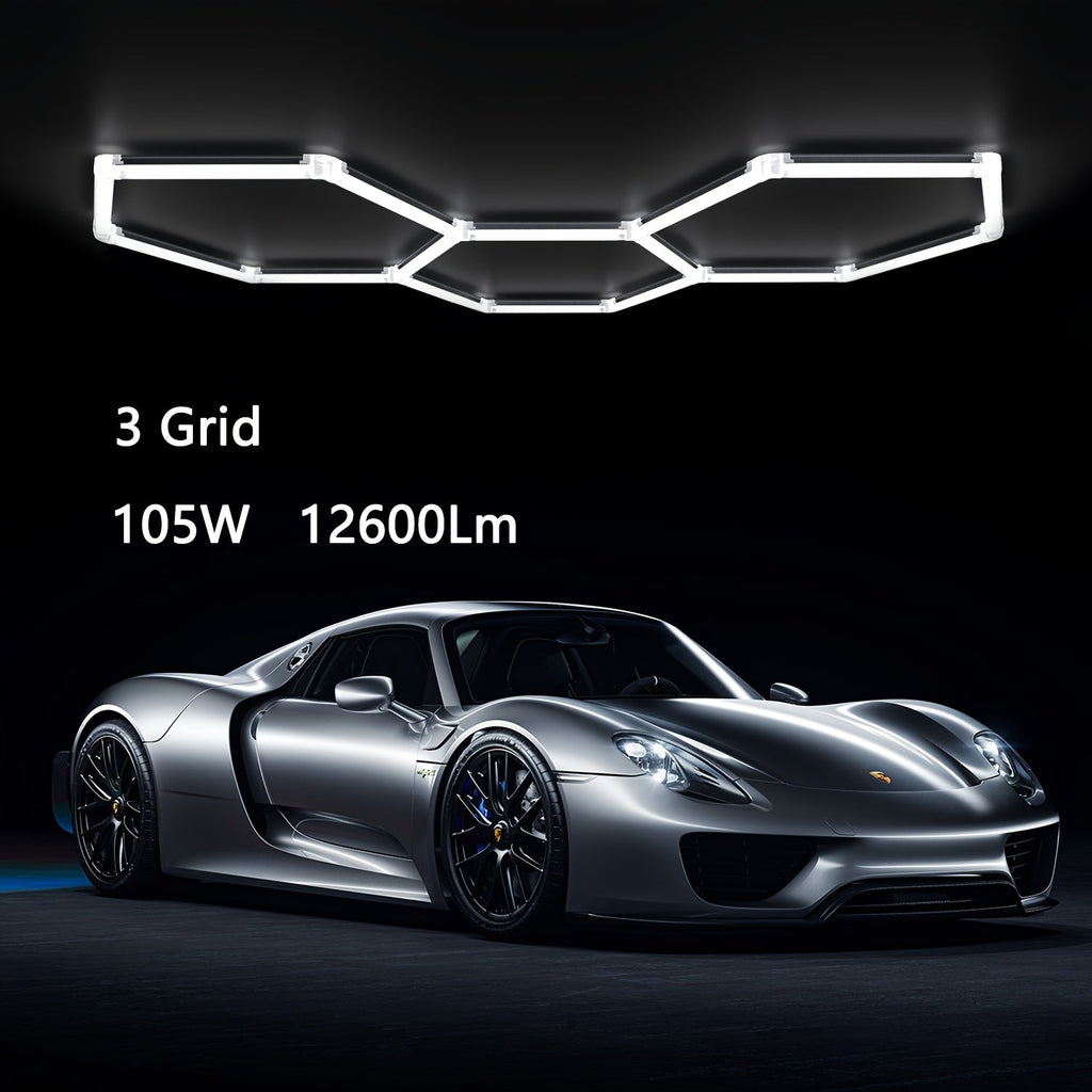 LED Hexagonal Garage Light 6500K ¨C Super Bright Daylight White Shop Light 42W¨C620W for Auto Detailing, Warehouse, Workshop, Basement & Gym (1 to 32 Grids, Hex Frame Available)