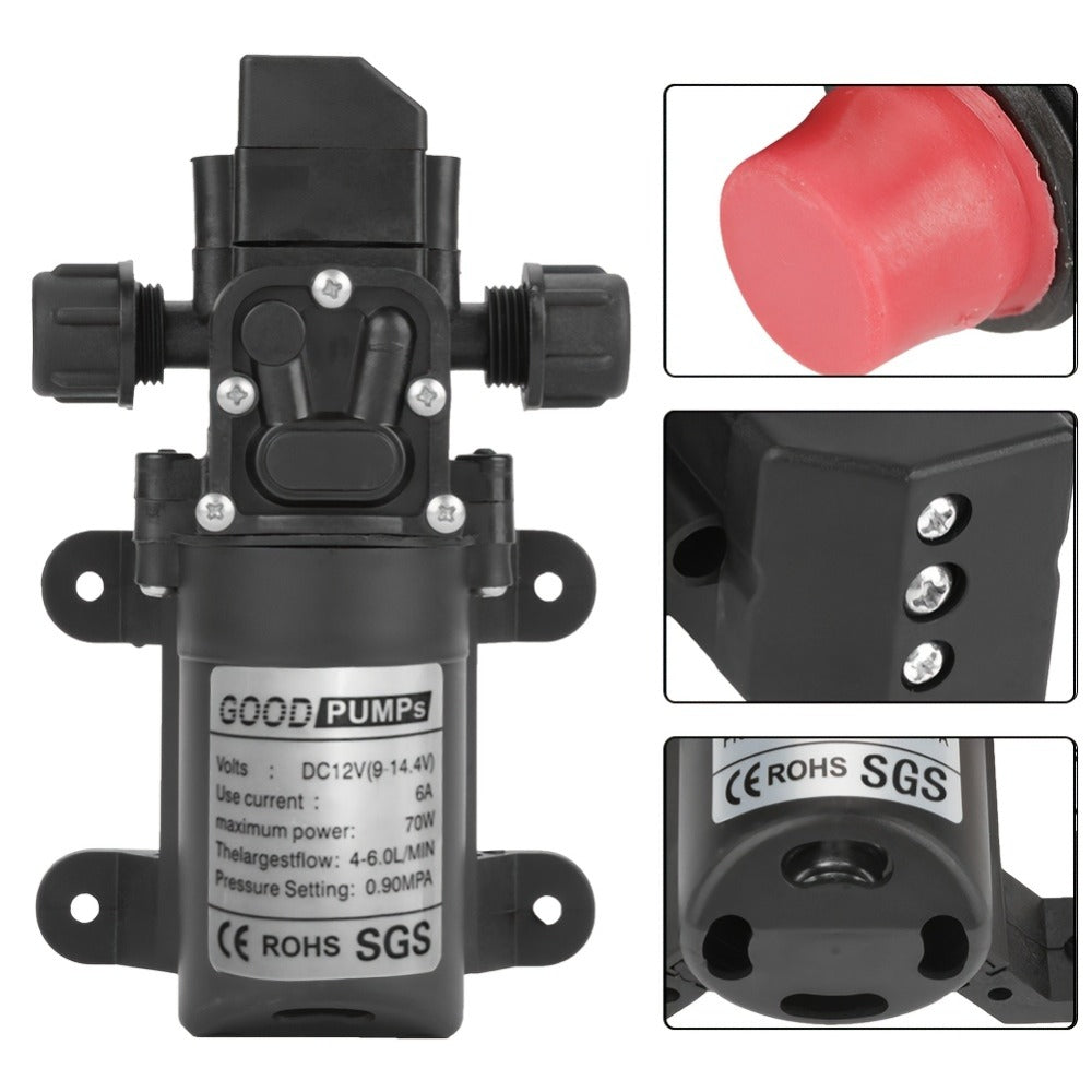 12V DC High Pressure Diaphragm Water Pump 70W Self Priming Pump 6L/Min 0.9MPA Portable Booster Pump for RV Caravan Boat Sprayer Cooling Welding Drill Cleaning Water Transfer