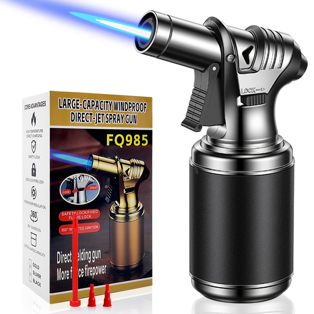 Big Tank Kitchen Butane Torch Lighter Adjustable Flame & Safety Lock - Refillable Blow Torch with Refill Adapters for Creme Brulee, BBQ, Desserts & Baking | Butane Not Included