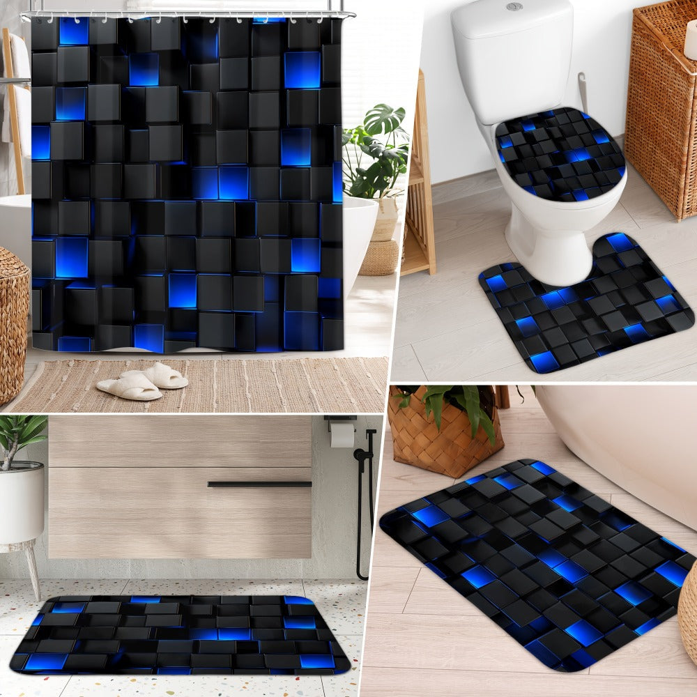 Shower Curtain Set with 12 Hooks & Toilet Seat Cover, 4-Piece Bathroom Set Dark Blue Geometric Abstract Cube Pattern, Modern Waterproof Bath Curtain Set for Bathroom Decor
