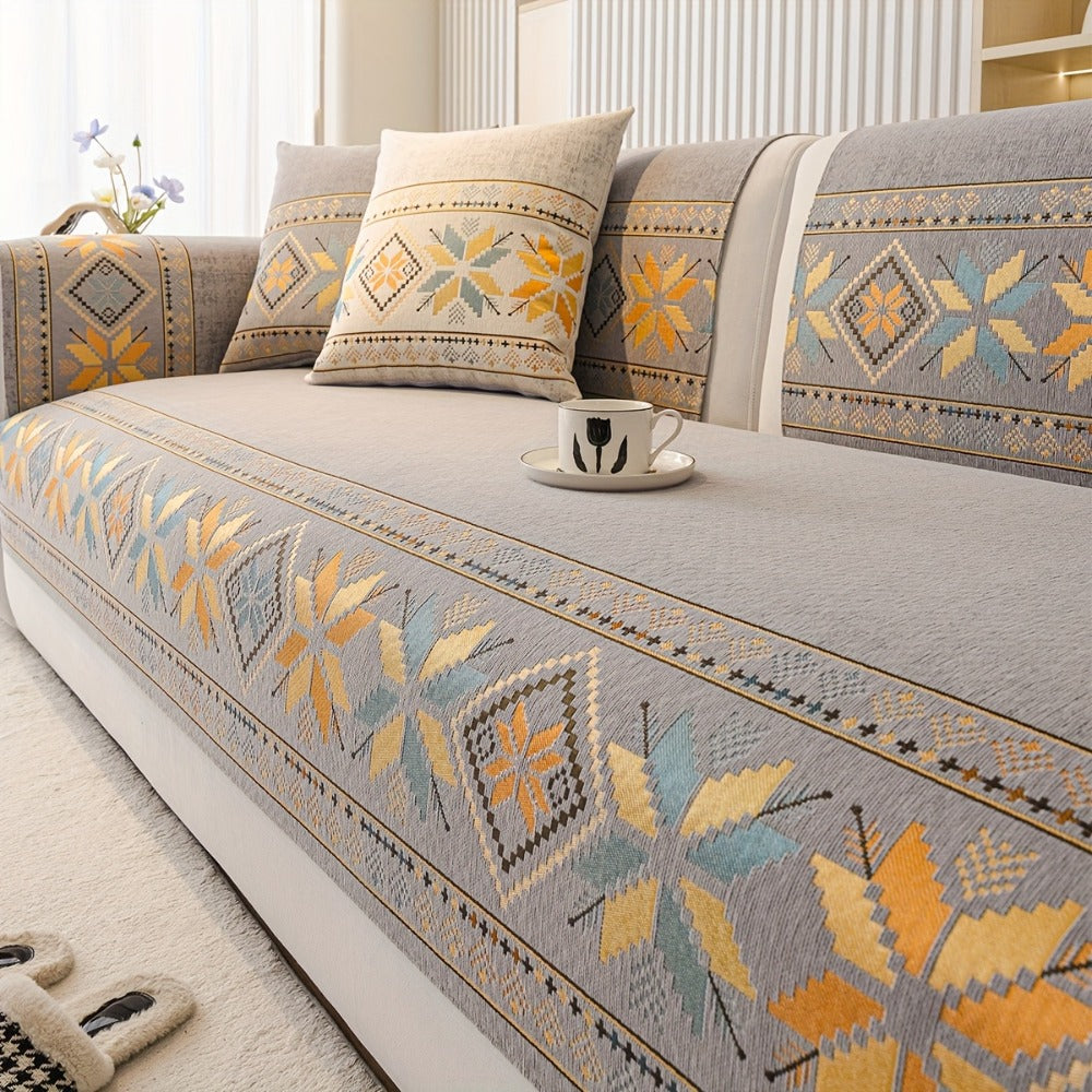 Chenille Sofa Slipcover 1pc Boho Vintage Style - Luxury Non-Slip Removable Four Seasons Universal Couch Cover | Armrest 1 2 3 4 Seater | Dark Gray Light Gray Blue | Living Room Home Decor