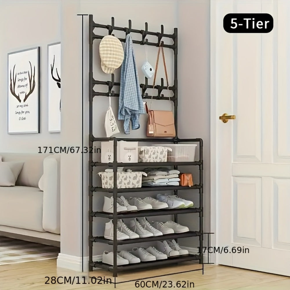 Shoe Rack Organizer with 8 Double Hooks & Multi-Layer Storage Shelves ¨C Floor Standing Coat Hat Holder for Entryway Bedroom Living Room