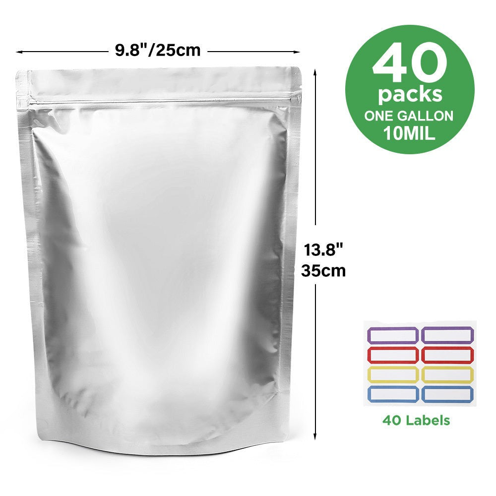 Mylar Bags for Food Storage 1 Gallon 10 Mil Thick ¨C Resealable Zipper & Heat Seal, 40pcs or 100pcs with Label Stickers | Long-Term Food Storage Bags for Dry Goods, Prepping & Pantry Organization