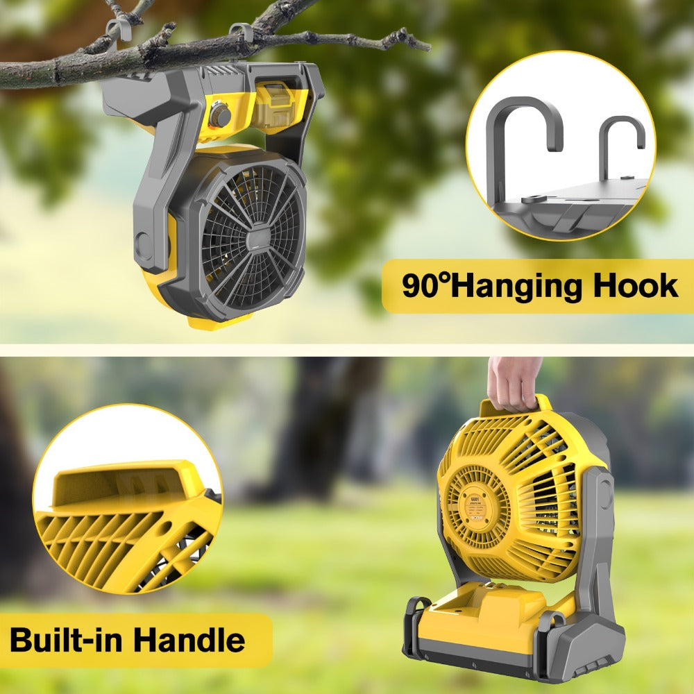 Cordless Camping Fan Compatible with DeWalt 20V Max Battery Adjustable Speed 180 Degree Tilt Built-in LED Light Hook for Hanging Portable Outdoor Fan Yellow Battery Not Included