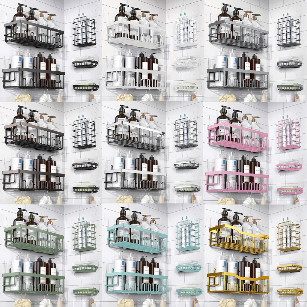Shower Caddy Organizer 5 Pack Adhesive Rustproof Stainless Steel Shower Shelves with Soap Holder No Drilling Bathroom Storage Rack for Shower Wall Renters Apartment Kitchen Multiple Colors